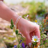 Hand holding a daisy with a blurred natural background