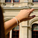 A person's hand wearing two delicate beaded bracelets, pointing toward a blurred classical stone building with red-framed windows in the background.