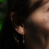 A close-up side profile of a person wearing a small silver hoop earring with a dangling clear faceted pearl, shown in dramatic natural light with dark hair and shadows.