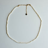 A delicate gold chain necklace with small, irregular cream-colored beads, arranged in a circle on a light gray background. It features a lobster clasp closure and an adjustable gold chain extender with a small round tag.