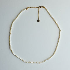 A delicate gold chain necklace with small, irregular cream-colored beads, arranged in a circle on a light gray background. It features a lobster clasp closure and an adjustable gold chain extender with a small round tag.