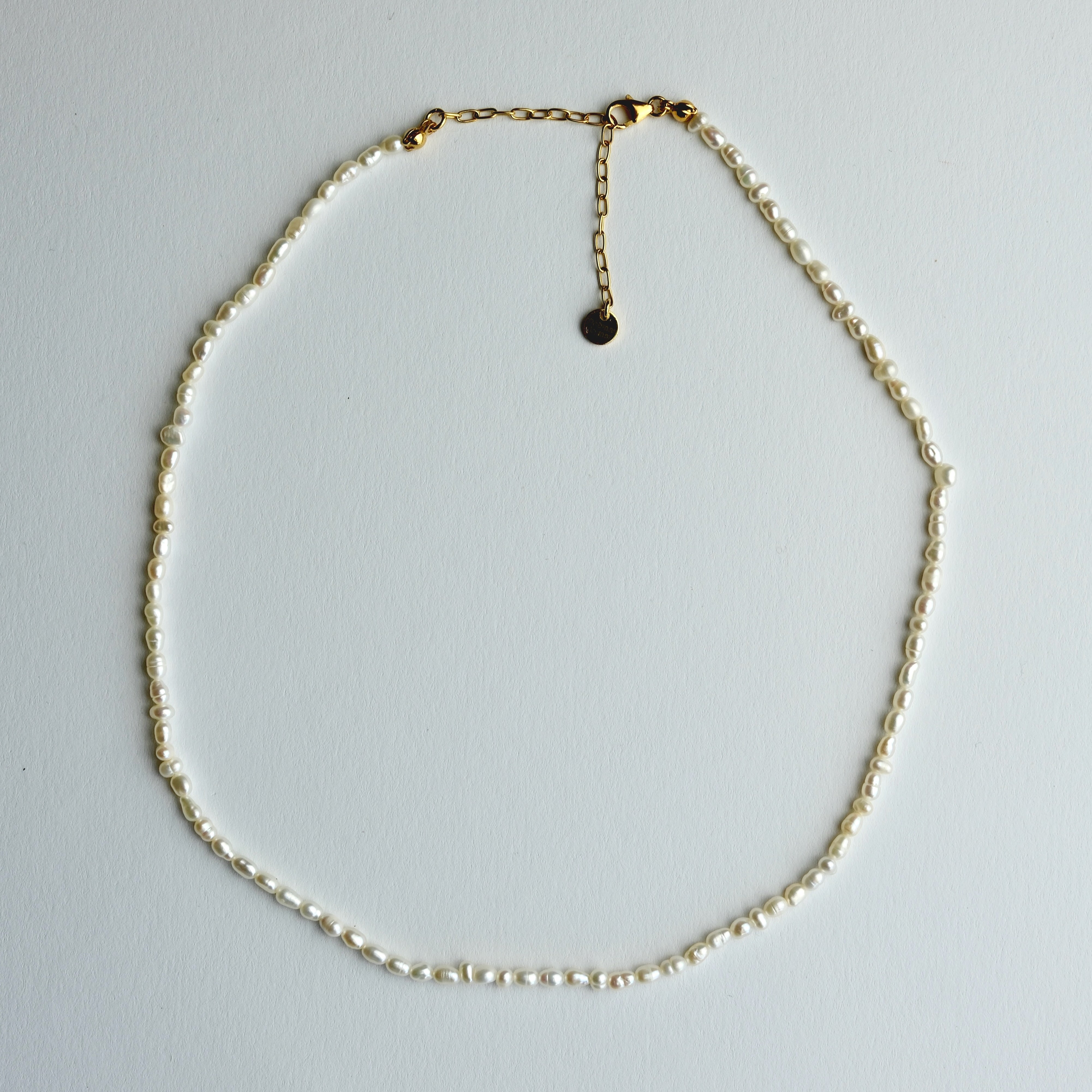 A delicate gold chain necklace with small, irregular cream-colored beads, arranged in a circle on a light gray background. It features a lobster clasp closure and an adjustable gold chain extender with a small round tag.