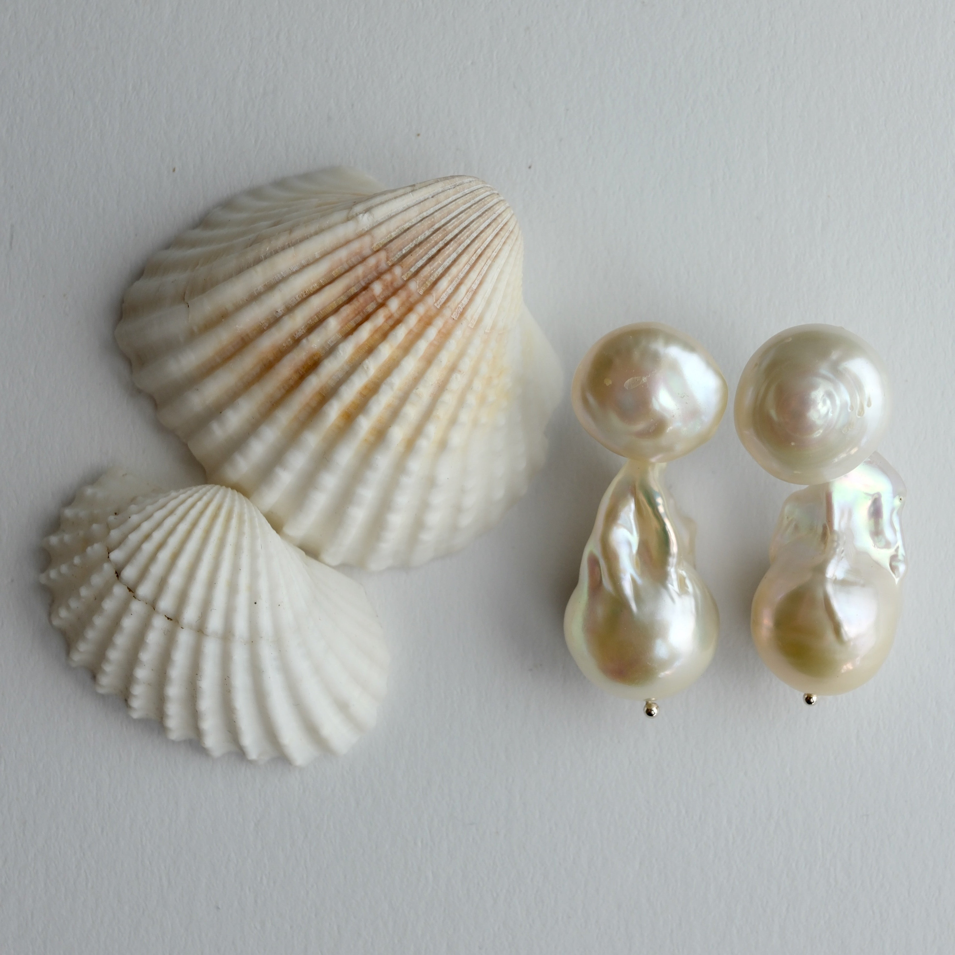 Two baroque freshwater pearls displayed next to two natural scallop shells on a light gray background.